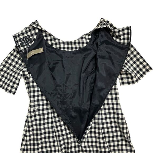 J Crew Dress WMNS 12 Cream Gingham Wool Blend Short-sleeve Mini Pockets Black - Picture 13 of 14